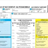 Formulaire de constat amiable d'accident automobile, avec des champs pour les détails de l'accident, des véhicules et des témoins.