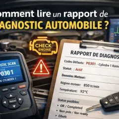 Un rapport de diagnostic automobile affiche un code d'erreur P0301. L'outil de diagnostic et une clé de voiture sont visibles, prêts à aider à passer la valise voiture.