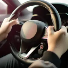 Mains au volant, prêt à conduire. Si vous vous demandez comment débloquer un volant sans clé, cette image montre le tableau de bord d'une voiture moderne.