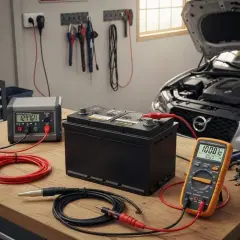 Test de la batterie 12V 60Ah avec chargeur et multimètre. Le temps de charge batterie voiture 12v 60ah est en cours.