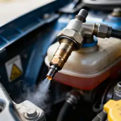 Un injecteur qui claque à froid, émettant une fine vapeur. Le système d'injection de carburant est visible dans le compartiment moteur d'une voiture.