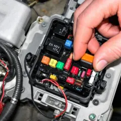Main de personne retirant un fusible orange d'une boîte à fusibles de voiture. Cela fait partie de la procédure pour comment tester un relais de voiture.