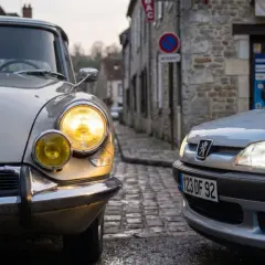 Deux voitures, une ancienne et une moderne, se font face dans une rue pavée de France. Les phares blancs de la Peugeot éclairent la scène, contrastant avec les phares jaunes de la Citroën.
