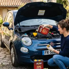 Une femme effectue la vidange d'une Fiat 500, versant de l'huile Selenia 20K dans le moteur.