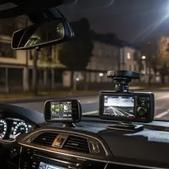Vue de nuit depuis l'intérieur d'une voiture, avec deux appareils sur le tableau de bord : un GPS et un dispositif réfléchissant pour voiture, probablement une dashcam.