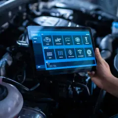 Un technicien utilise une tablette pour un suivi entretien voiture gratuit, diagnostiquant le moteur et les systèmes.