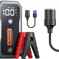 Boîtier noir avec écran affichant 100%, pinces rouges et noires, et câbles pour comment charger une batterie.