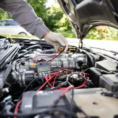 Mécanicien vérifiant le moteur d'une voiture avec un multimètre, diagnostiquant un possible problème démarreur voiture.