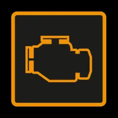Icône orange d'un moteur stylisé sur fond noir. Ce symbole indique pourquoi le voyant moteur s'allume, signalant un problème potentiel.