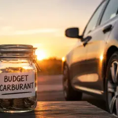 Bocal rempli de pièces, étiquette "Budget Carburant", à côté d'une voiture au coucher du soleil. Idéal pour économiser sur le tarif entretien GPL.