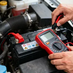 Main tenant une pince multimètre rouge pour comment tester l'ampérage d'une batterie de voiture.