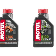 Huile Motul 10W40 essence pour moto 4 temps. Le 5100 est idéal pour la route et le tout-terrain.