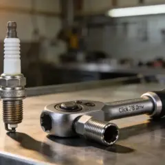 Une bougie d'allumage et une clé dynamométrique, outils essentiels pour le couple serrage bougie parfait.