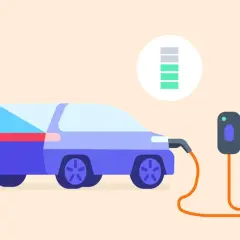 Voiture électrique branchée à une borne de recharge, avec un indicateur de niveau de charge des batteries.