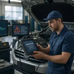 Mécanicien utilisant une tablette pour diagnostiquer une voiture. L'écran affiche des données et un symbole d'alerte, suggérant comment décrasser une voiture.