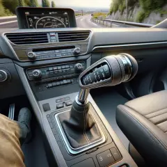 Vue de l'intérieur d'une voiture, le levier de vitesse est en position P, suggérant que le conducteur est sur le point de rouler avec le frein à main.