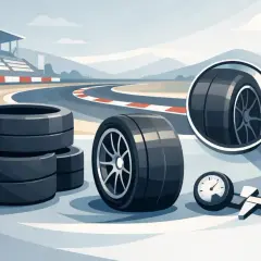 Piles de pneus slick sur une piste de course, avec une loupe examinant un pneu et un manomètre.