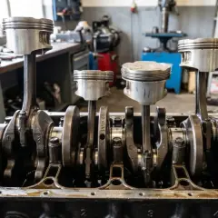 Un moteur démonté, avec ses pistons et bielles prêts à être installés dans le cylindre bloc. L'atelier mécanique est visible en arrière-plan.