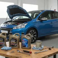 Huile moteur pour 1.6 HDI 90 : bidons, filtre et outils sur table devant une voiture bleue capot ouvert.