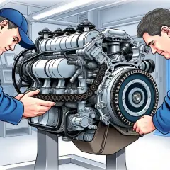 Mécaniciens travaillant sur la chaîne de distribution d'un moteur. Estimation du prix du remplacement chaîne de distribution 1.6 dci 130.