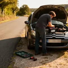 Un homme tente de démarrer sa voiture qui a du mal à démarrer diesel, en manipulant la batterie sur le bord d'une route de campagne.