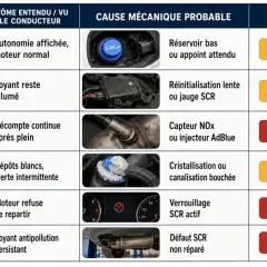 Tableau des symptômes liés à l'AdBlue : une fuite injecteur AdBlue peut causer des dépôts blancs ou un voyant antipollution persistant. Urgence haute.