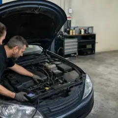Mécanicien et cliente examinant le moteur d'une voiture, craignant de rouler sans liquide de refroidissement.