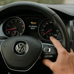 Tableau de bord d'une Golf 7 avec le message "OIL SERVICE RESET" affiché. Une main appuie sur un bouton pour la vidange.