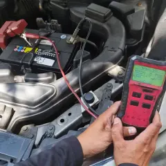 Test de batterie de voiture pour diagnostiquer une perte de puissance. L'appareil affiche un état de santé faible.