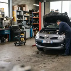Mécanicien travaillant sur une Clio 3 dans un garage. Le capot est ouvert, révélant le moteur. Des outils et des pièces sont visibles sur les étagères.