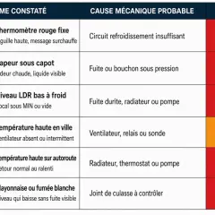 Tableau des symptômes de surchauffe moteur : thermomètre rouge, vapeur, niveau bas, ventilateur, mayonnaise/fumée blanche. Causes et urgence indiquées.