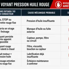 Tableau expliquant les causes et urgences du voyant **huile moteur rouge** : bip, alerte en virage, bruit moteur, etc. Urgence haute ou basse.
