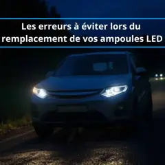 Une voiture avec des phares LED brillants sur une route sombre. L'installation LED voiture peut améliorer la visibilité nocturne.