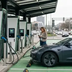 Une femme utilise son téléphone pendant que sa voiture électrique se recharge à une borne publique. Une solution pratique pour comment recharger une voiture électrique sans garage.