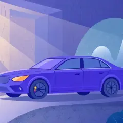 Une voiture violette, une voiture qui ne démarre pas, est garée sous des rayons de lumière dans un décor stylisé.