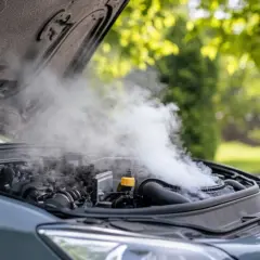 La voiture qui chauffe en roulant émet une épaisse fumée blanche du capot ouvert. Le moteur est visible sous la vapeur.