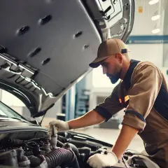 Mécanicien examinant le moteur d'une voiture, cherchant les symptômes d'un relais démarreur HS.