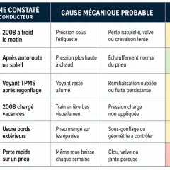 Tableau des symptômes de pression pneu voiture : froid, chaud, voyant TPMS, charge, usure, perte rapide. Causes et urgence associées.