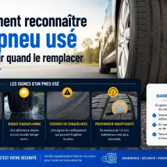 Un pneu usé sur le flanc, avec des fissures et une profondeur insuffisante, indique qu'il faut le changer pour garantir votre sécurité.