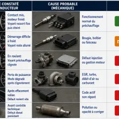 Tableau des symptômes de panne d'une voiture qui s'éteint en roulant diesel, avec causes et urgence.