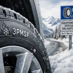 Pneu 3PMSF sur route enneigée. Panneau "Équipements spéciaux obligatoires" rappelant les départements pneus neige obligatoire.