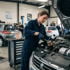 Mécanicienne effectuant l'entretien d'une voiture diesel, remplaçant un filtre à huile.