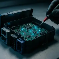 Réparation d'un boîtier électronique de bsi voiture. Une main gantée utilise un outil pour tester la carte mère illuminée.
