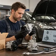 Mécanicien examinant une pièce de voiture, avec un ordinateur affichant des schémas. Un site pour trouver numéro OEM est essentiel pour ce travail.