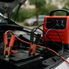 Chargeur de batterie rouge connecté à une batterie de voiture. Combien de temps rouler pour recharger une batterie ? Cela dépend de l'état de la batterie.