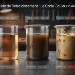 Trois béchers montrent l'évolution du liquide de refroidissement : clair/rouille, marron foncé/boueux, et aspect "mayonnaise". Un liquide de refroidissement marron foncé indique un danger.