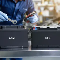 Mécanicien examinant deux batteries, une AGM et une EFB, pour un véhicule avec système start and stop.