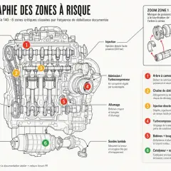 Schéma du moteur Renault Kadjar II 1.3 TCe 140, illustrant les 6 zones critiques pour l'entretien et les risques de défaillance.
