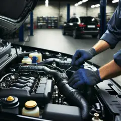 Mécanicien travaillant sur un moteur de voiture. J'espère qu'il résoudra le problème car ma voiture sent le chaud.
