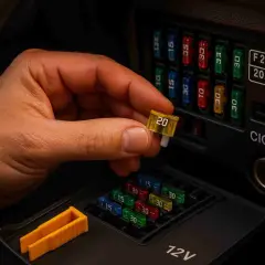 Main d'homme tenant un fusible 20A jaune, prêt à le placer dans la boîte à fusibles d'une Peugeot 207, près de l'allume-cigare.